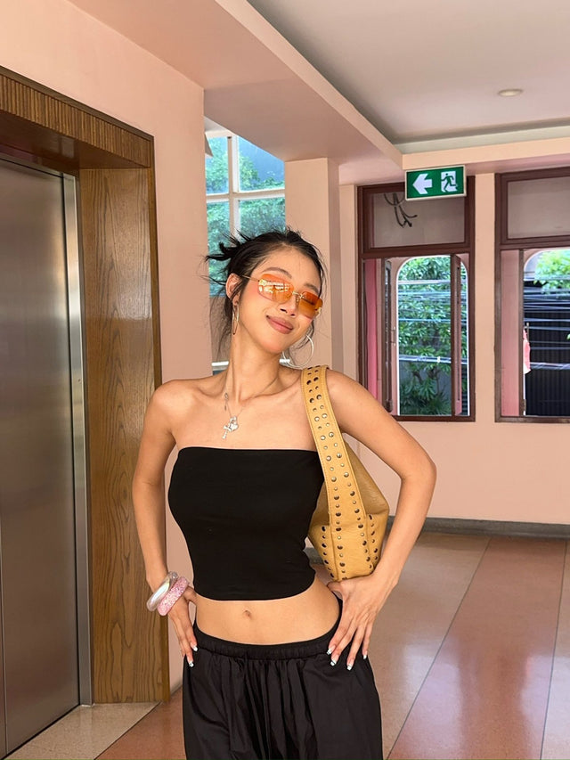 Women's Cropped Strapless Tube Top in Black, front view