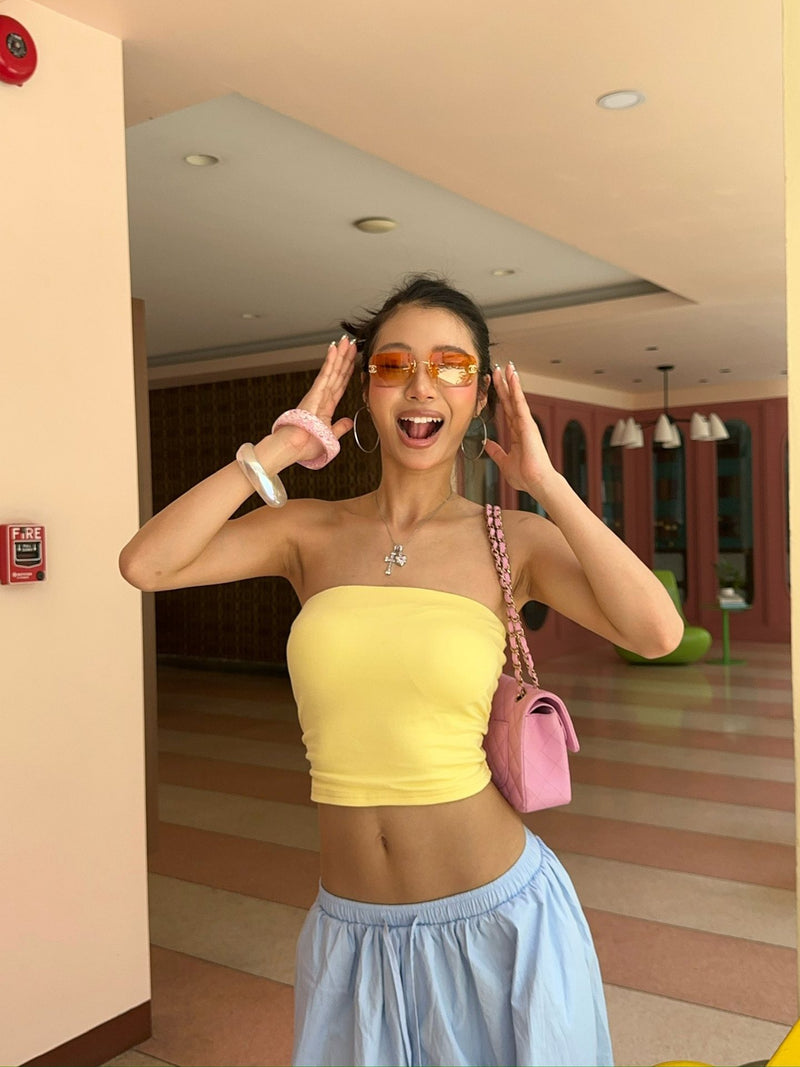 Women's Cropped Strapless Tube Top in Yellow, front view
