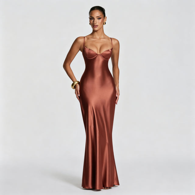 Women's Deep V-Neck Backless Cross-Strap Satin-Feel Dress in Caramel Brown, front view