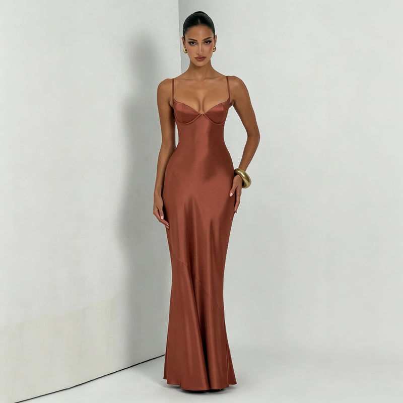 Women's Deep V-Neck Backless Cross-Strap Satin-Feel Dress in Caramel Brown, front view