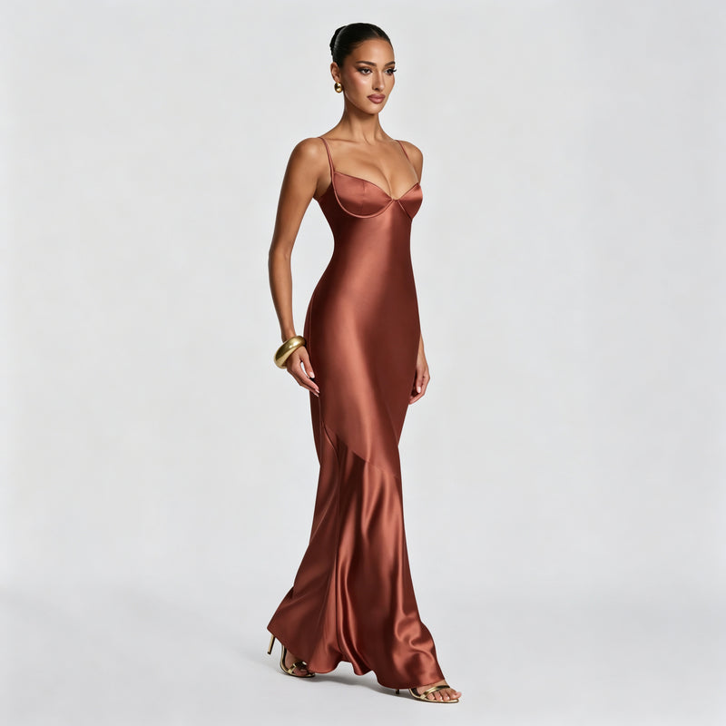 Women's Deep V-Neck Backless Cross-Strap Satin-Feel Dress in Caramel Brown, side view