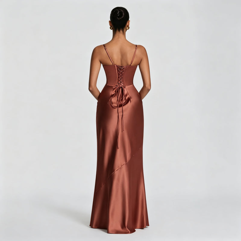 Women's Deep V-Neck Backless Cross-Strap Satin-Feel Dress in Caramel Brown, back view