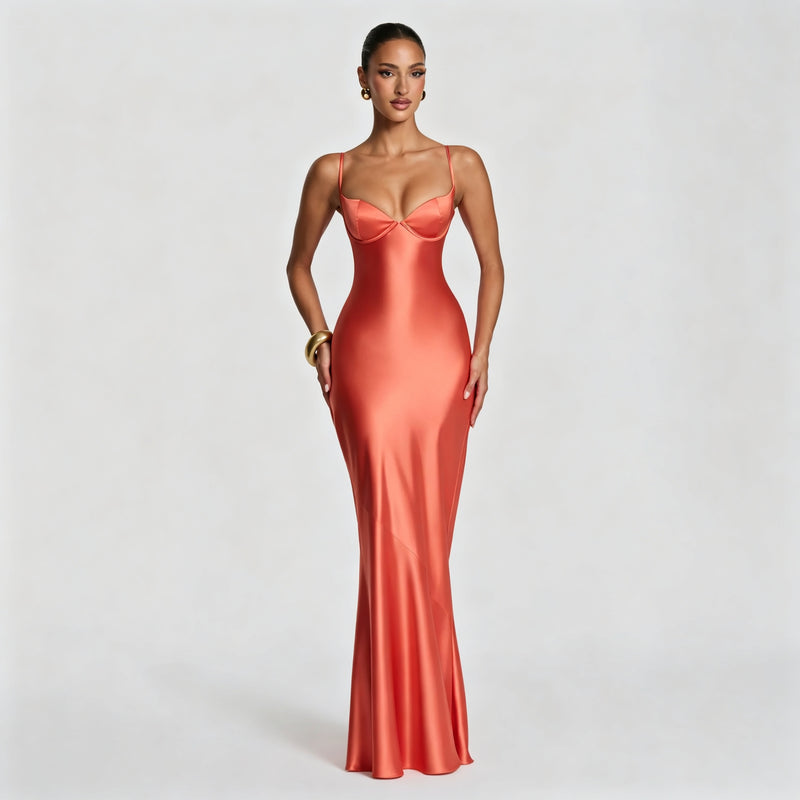Women's Deep V-Neck Backless Cross-Strap Satin-Feel Dress in Coral, front view