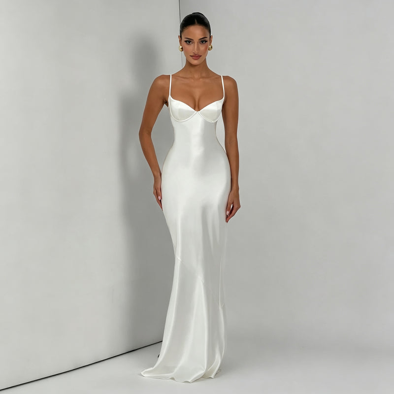 Women's Deep V-Neck Backless Cross-Strap Satin-Feel Dress in White, front view