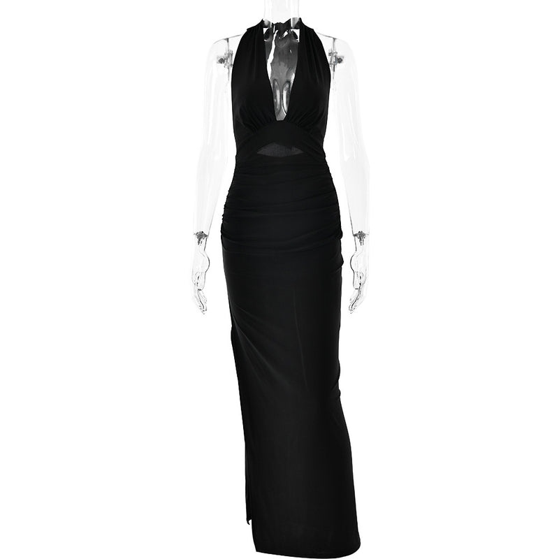 Women's Deep V-Neck Halter Backless Satin-Feel Slip Dress, front view