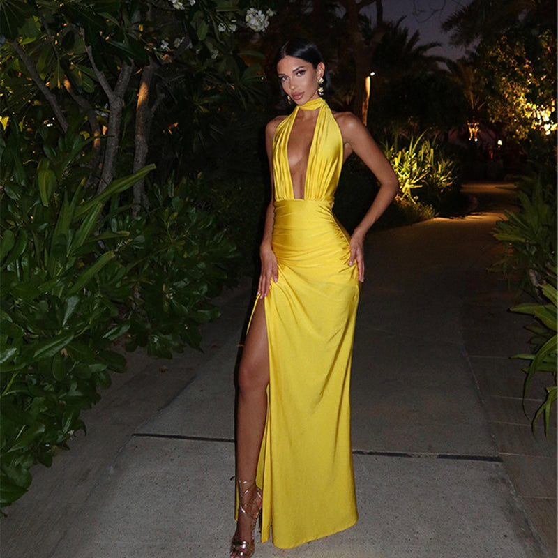 Women's Deep V-Neck Halter Backless Satin-Feel Slip Dress in Yellow, front view