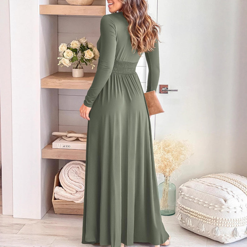 Women's Deep V-Neck Long Sleeve Formal Wedding Guest Dress, back view