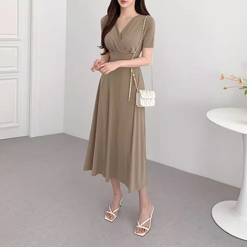 Women's Deep V-Neck Tie-Waist Wrap Dress in Light Brown, front view