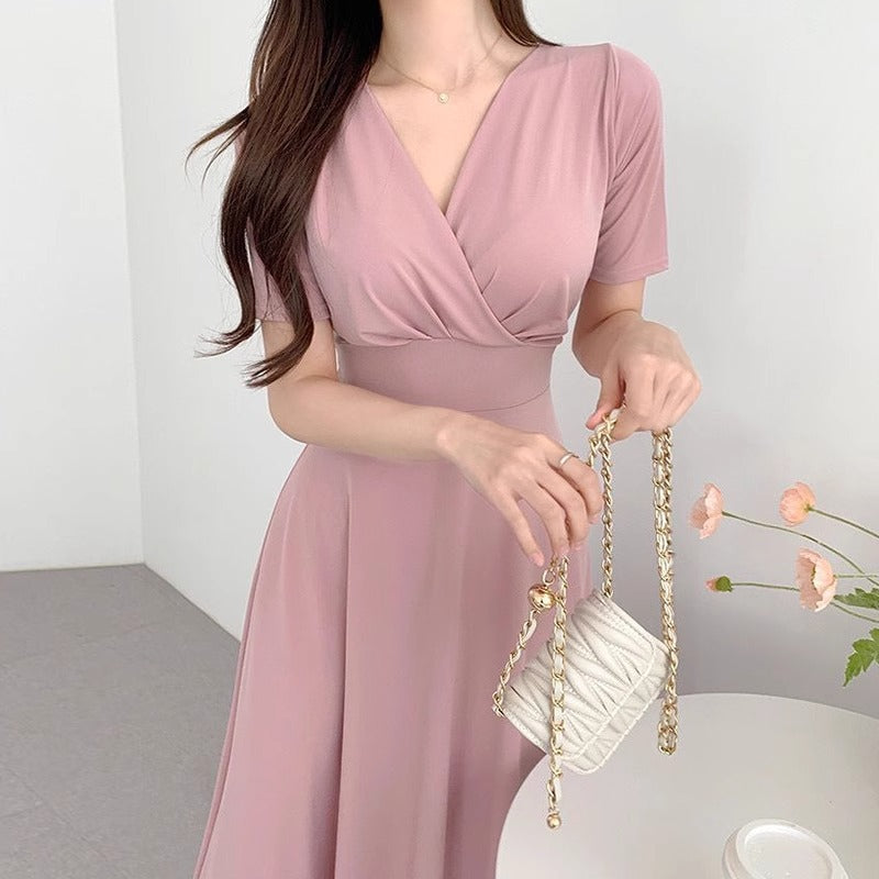 Women's Deep V-Neck Tie-Waist Wrap Dress in Pink, front view