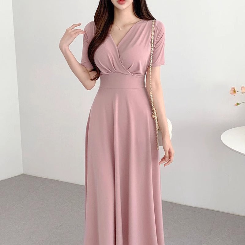 Women's Deep V-Neck Tie-Waist Wrap Dress in Pink, front view
