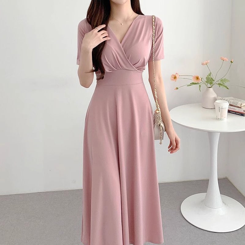 Women's Deep V-Neck Tie-Waist Wrap Dress in Pink, front view