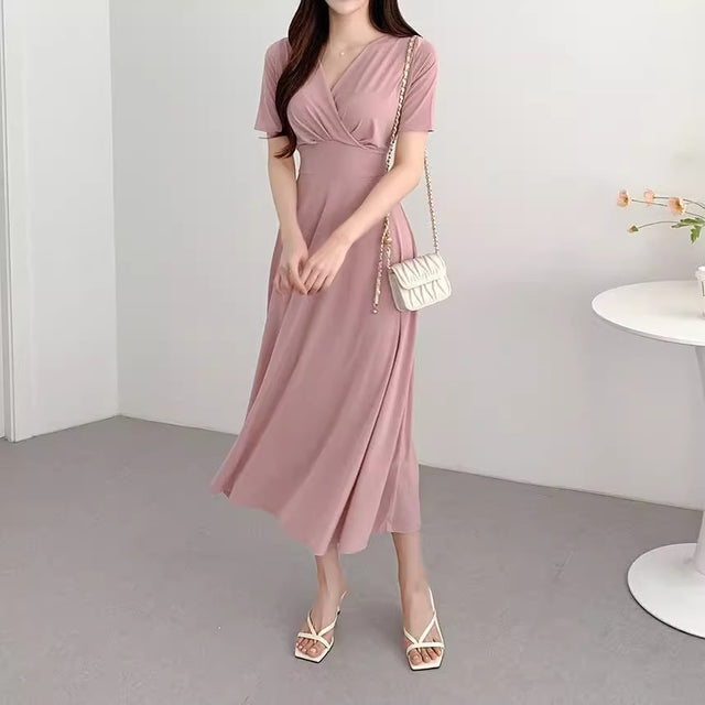 Women's Deep V-Neck Tie-Waist Wrap Dress in Pink, front view