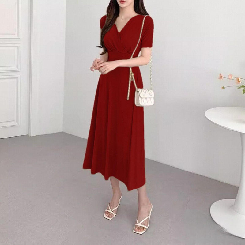 Women's Deep V-Neck Tie-Waist Wrap Dress in Red, front view