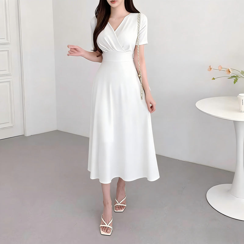 Women's Deep V-Neck Tie-Waist Wrap Dress in White, front view
