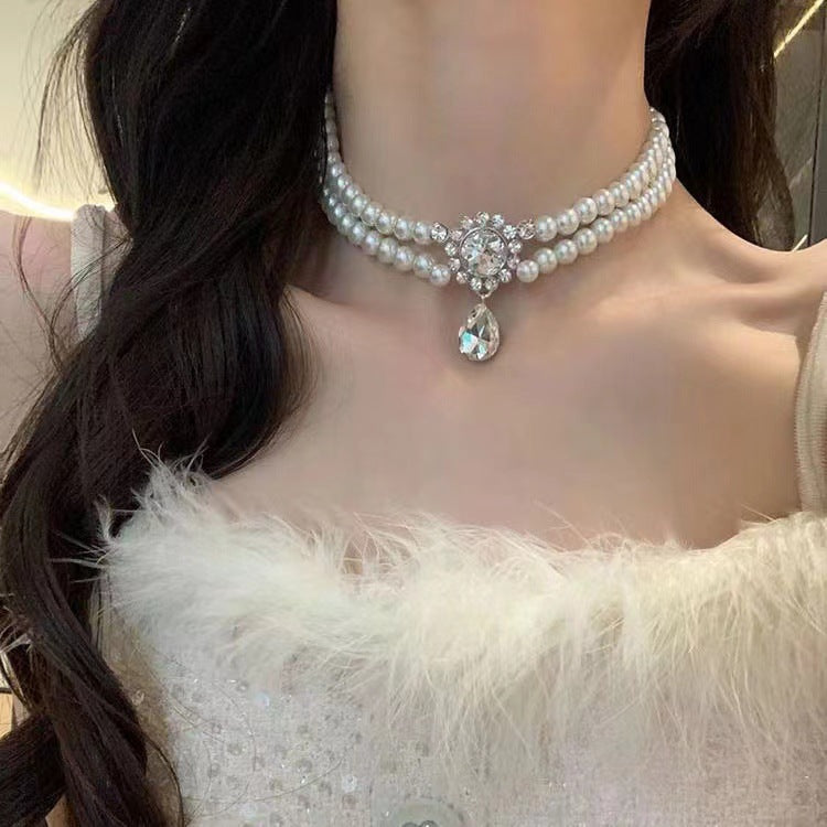 Women's Double-Layer Water Drop Pearl Choker Necklace in One Color, front view