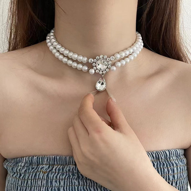 Women's Double-Layer Water Drop Pearl Choker Necklace in One Color, front view
