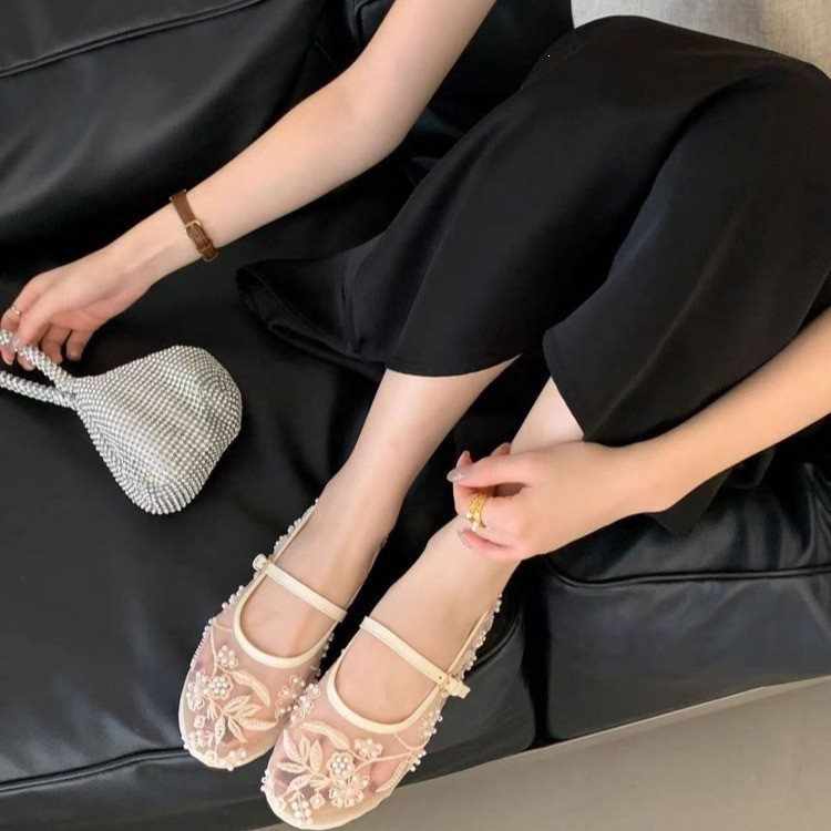 Women's Embroidered Round Toe Ballet Flats in Apricot, front view