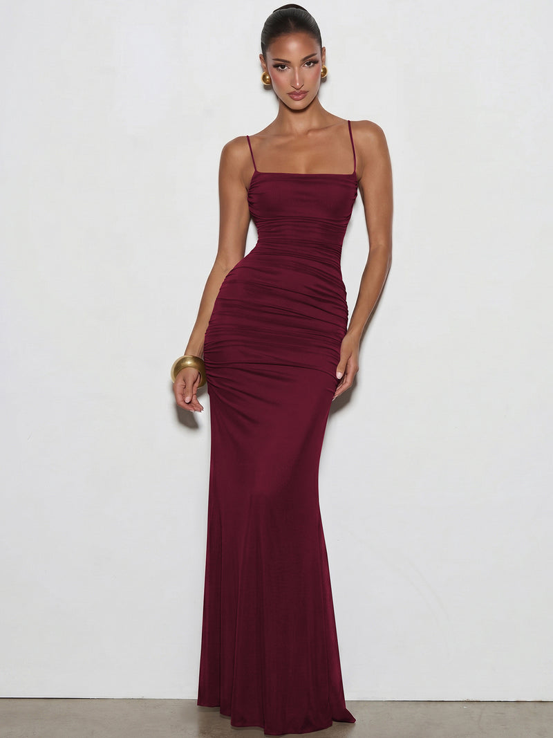 Women's Fishtail Cross-Strap Backless Evening Dress in Burgundy, front view