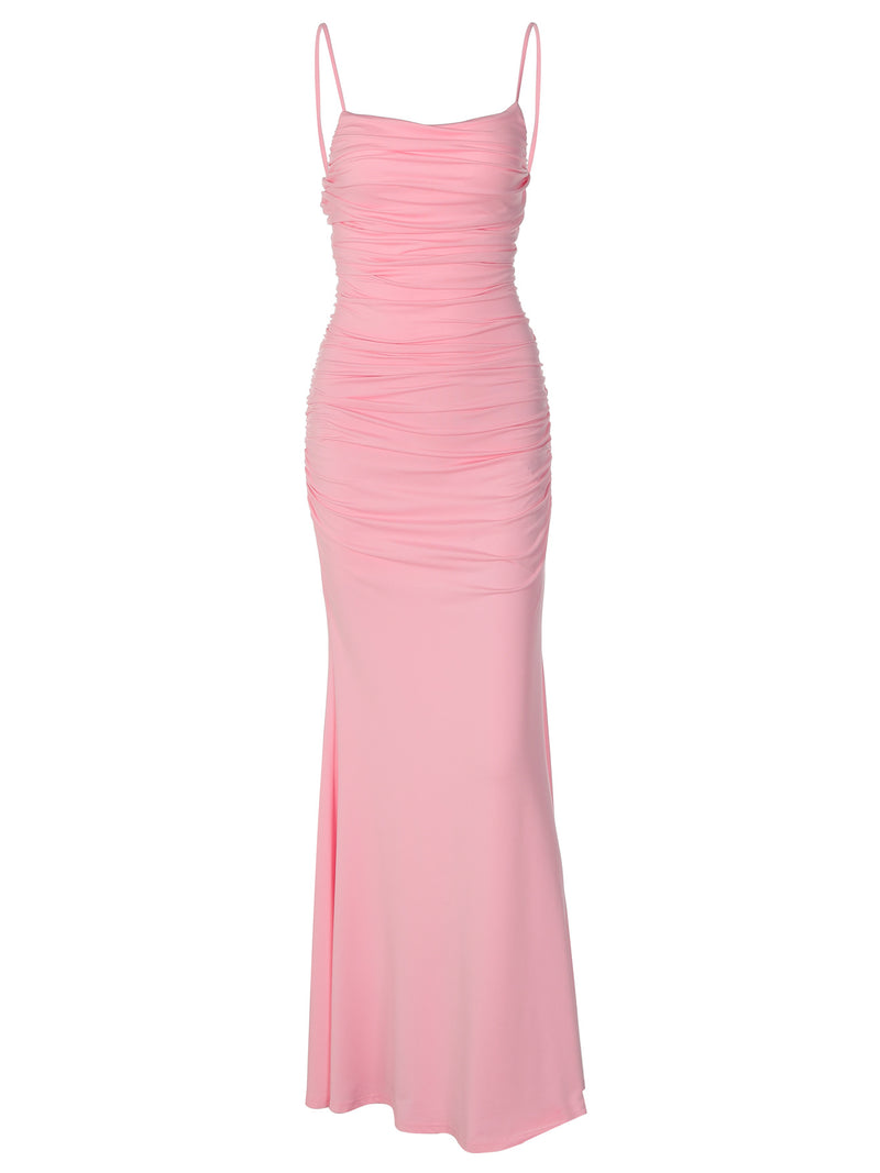 Women's Fishtail Cross-Strap Backless Evening Dress in Pink, front view