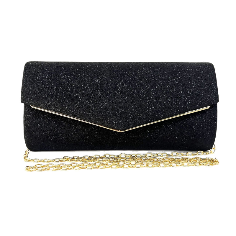 Women's Glitter V-Shaped Chain Strap Clutch Bag in Black, front view