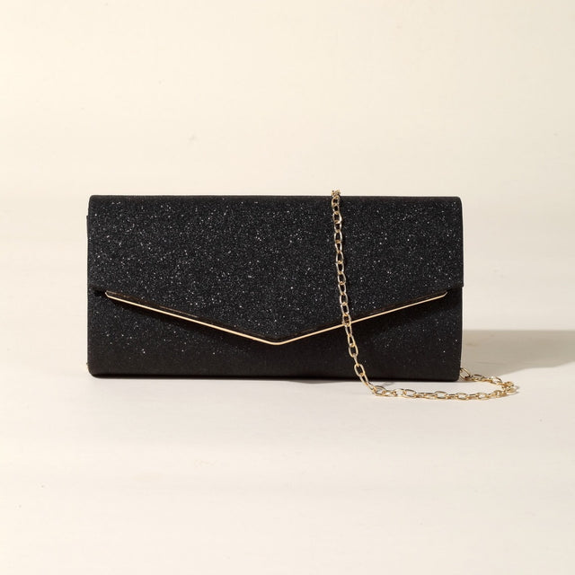 Women's Glitter V-Shaped Chain Strap Clutch Bag in Black, front view