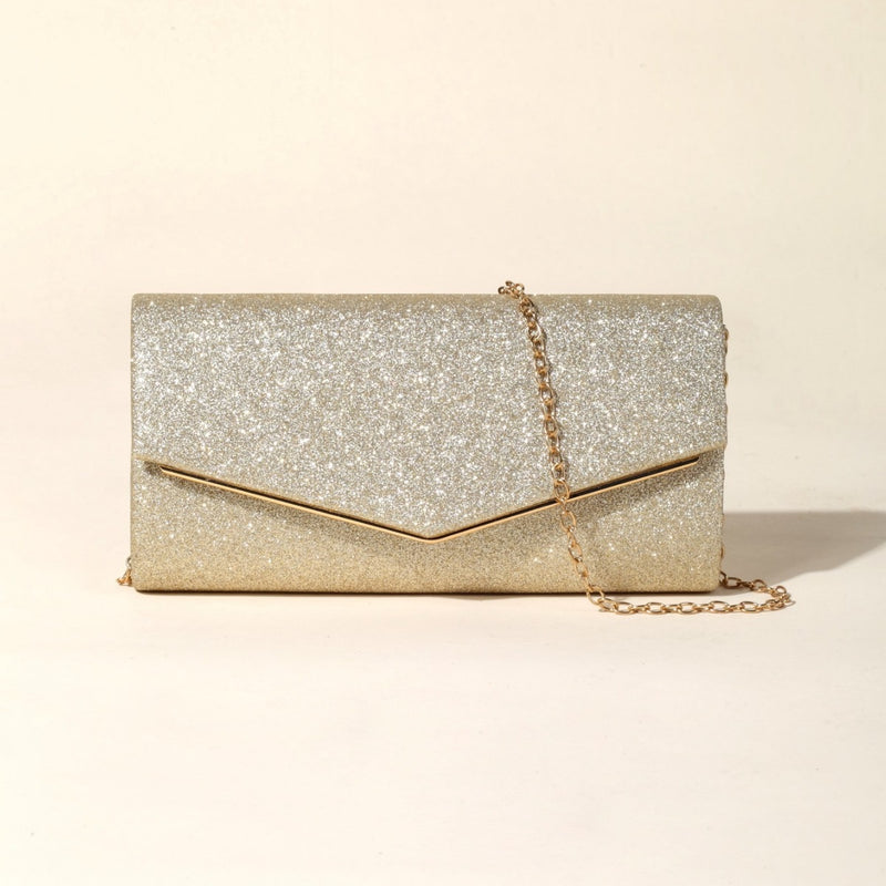 Women's Glitter V-Shaped Chain Strap Clutch Bag in Gold, front view
