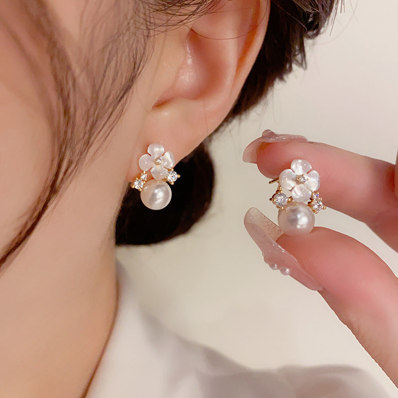 Women's Gold-Tone Flower Pearl Drop Earrings in Gold, side view