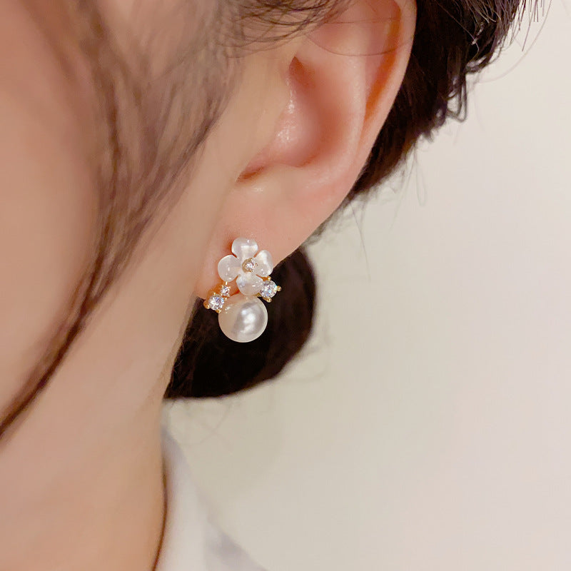 Women's Gold-Tone Flower Pearl Drop Earrings in Gold, side view