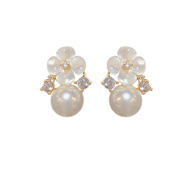 Women's Gold-Tone Flower Pearl Drop Earrings in Gold, front view