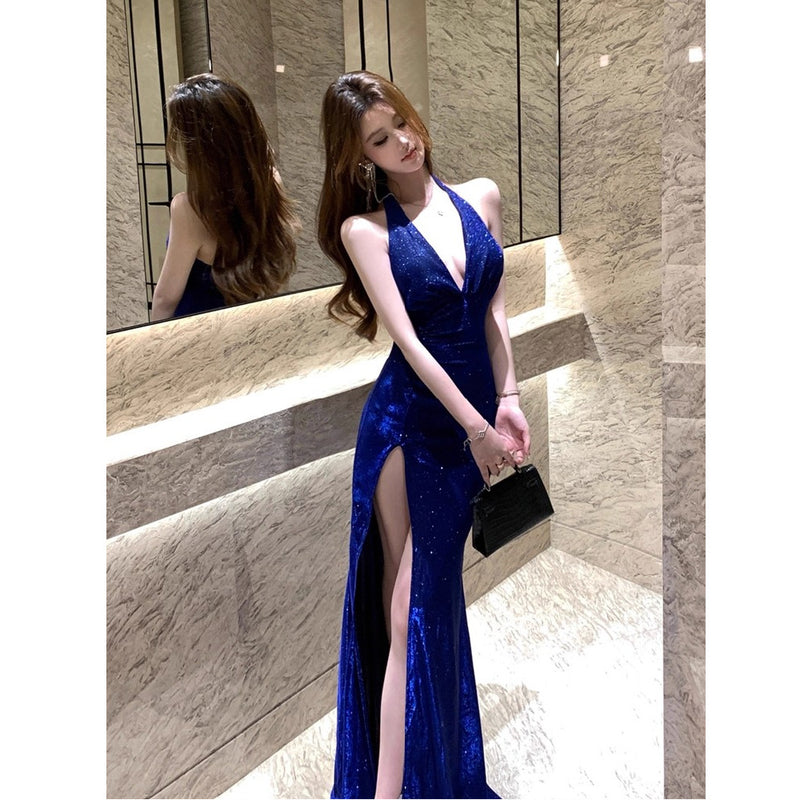 Women's Halter Backless V-Neck Evening Gown in Blue, front view