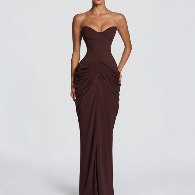 Women's Halter Lace-Up Backless High Slit Dress in Coffee, front view