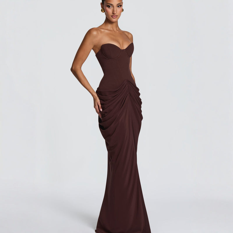 Women's Halter Lace-Up Backless High Slit Dress in Coffee, side view