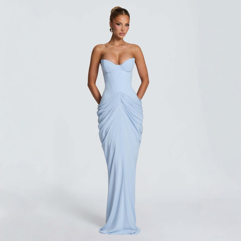 Women's Halter Lace-Up Backless High Slit Dress in Sky Blue, front view