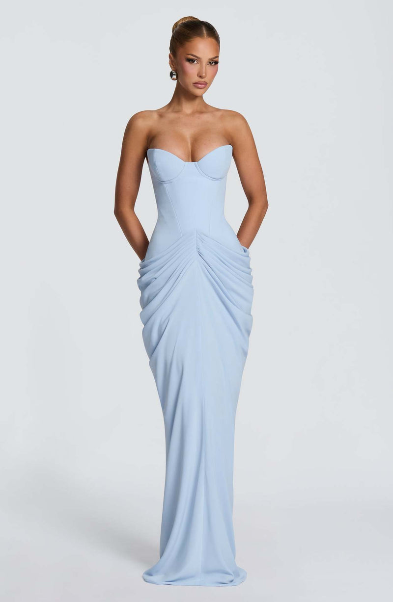 Women's Halter Lace-Up Backless High Slit Dress in Sky Blue, front view