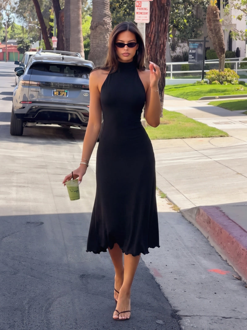 Women's Halter Neck Backless Cinched Waist Maxi Dress in Black, front view