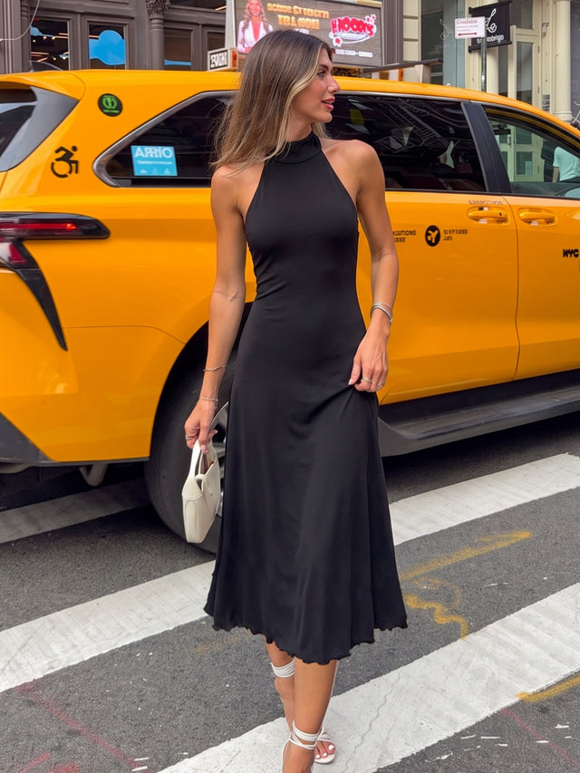 Women's Halter Neck Backless Cinched Waist Maxi Dress in Black, front view