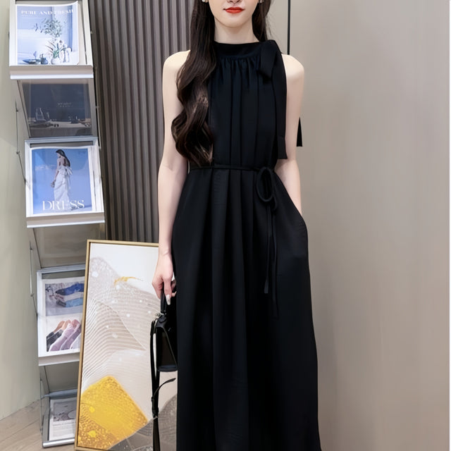 Women's Halter Neck Sleeveless Loose Fit Dress in Black + Belt, front view