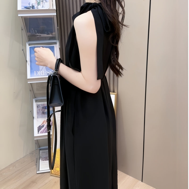 Women's Halter Neck Sleeveless Loose Fit Dress in Black + Belt, side view