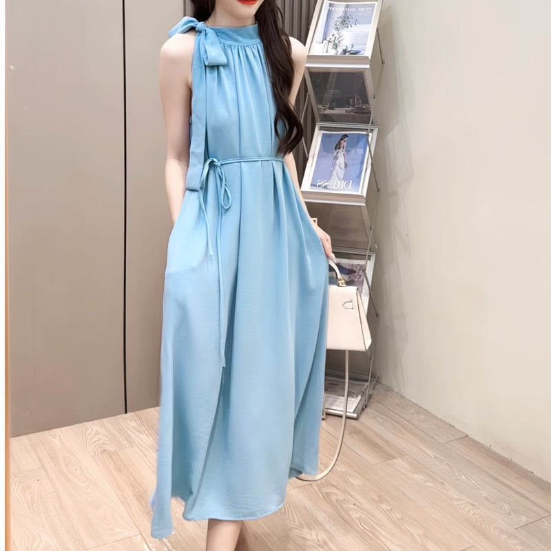 Women's Halter Neck Sleeveless Loose Fit Dress in Blue + Belt, front view