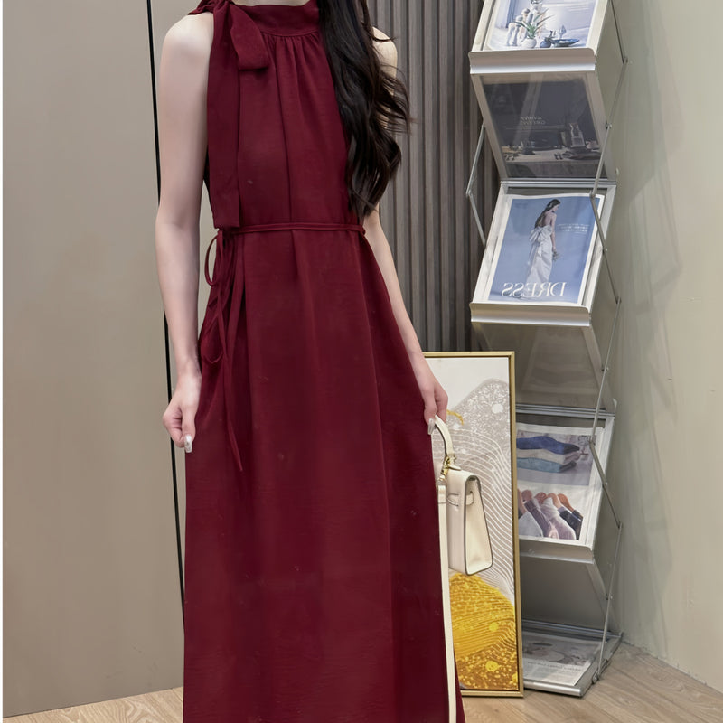 Women's Halter Neck Sleeveless Loose Fit Dress in Burgundy + Belt, front view