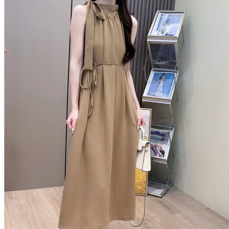 Women's Halter Neck Sleeveless Loose Fit Dress in Khaki + Belt, front view