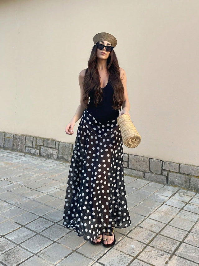 Women's Halter Splicing Polka Dot Maxi Dress in Black, front view