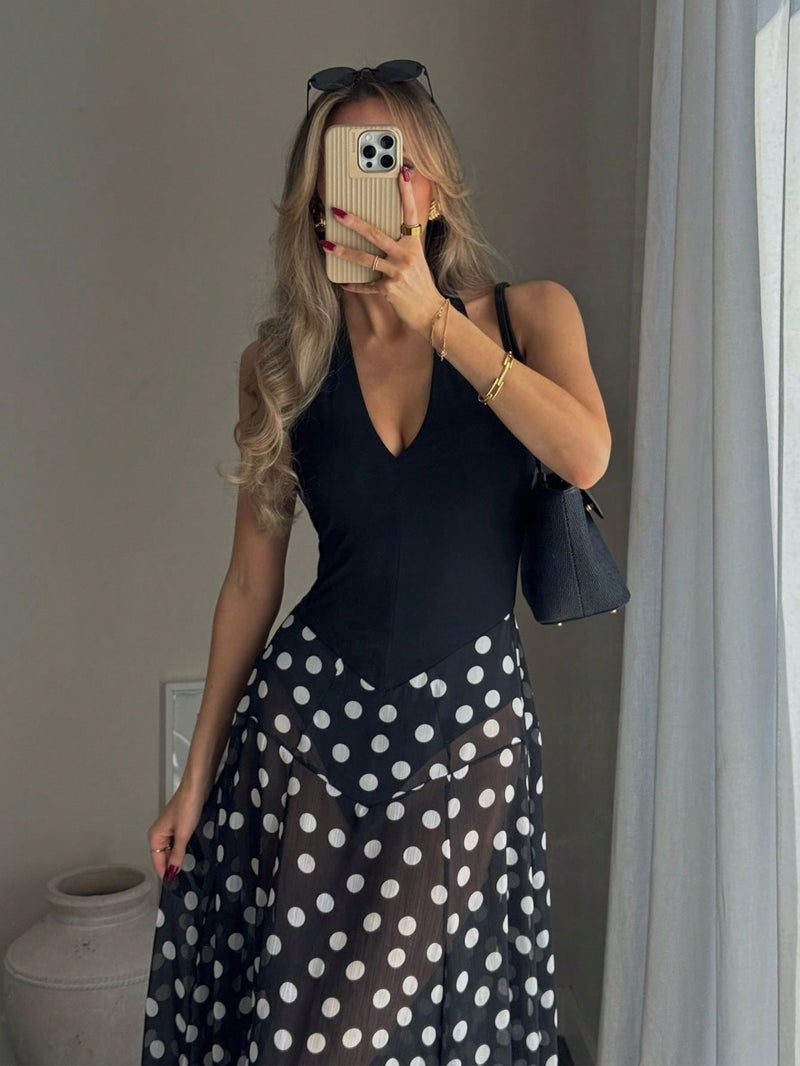 Women's Halter Splicing Polka Dot Maxi Dress in Black, front view