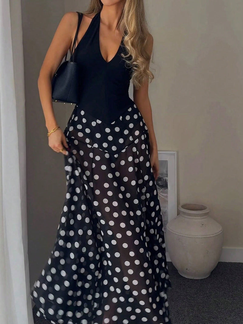 Women's Halter Splicing Polka Dot Maxi Dress in Black, front view