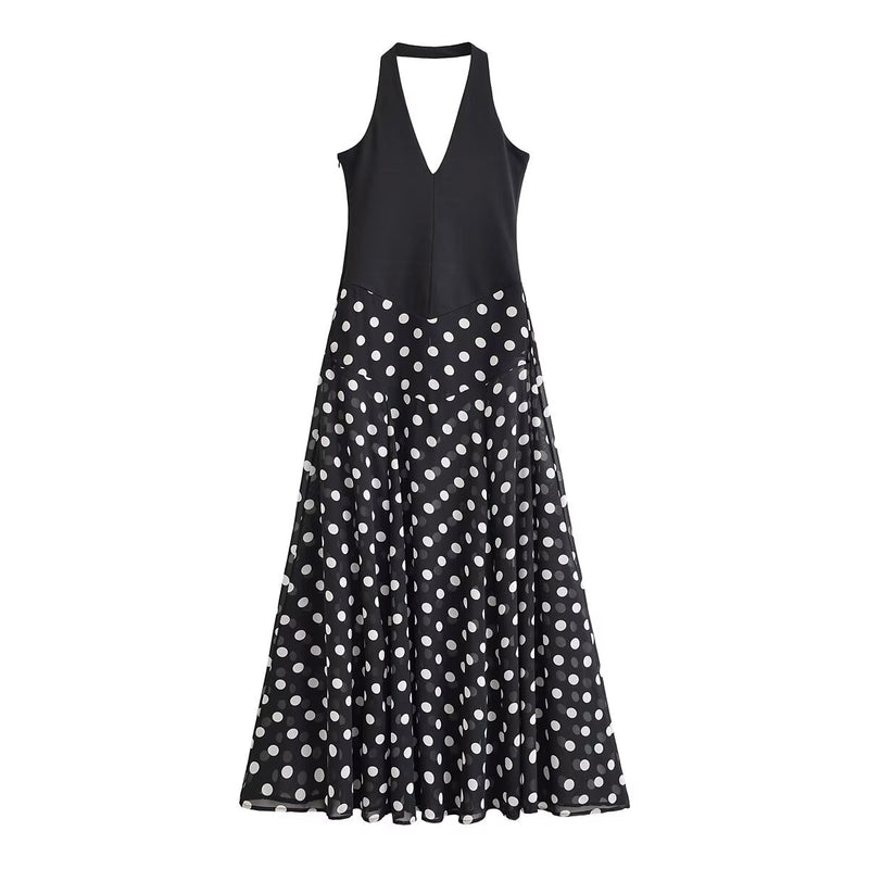 Women's Halter Splicing Polka Dot Maxi Dress in Black, front view