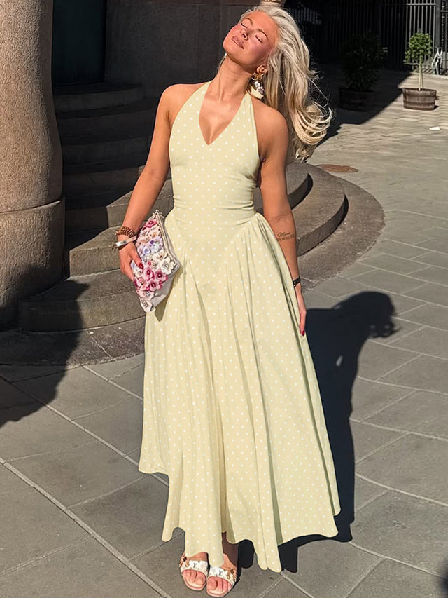 Women's High-Waist Polka Dot Halter Neck Maxi Dress in Beige, front view