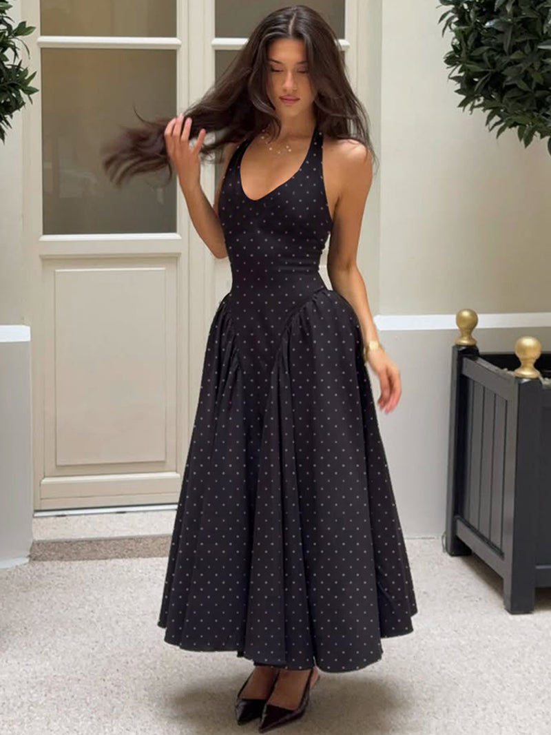 Women's High-Waist Polka Dot Halter Neck Maxi Dress in Black, front view