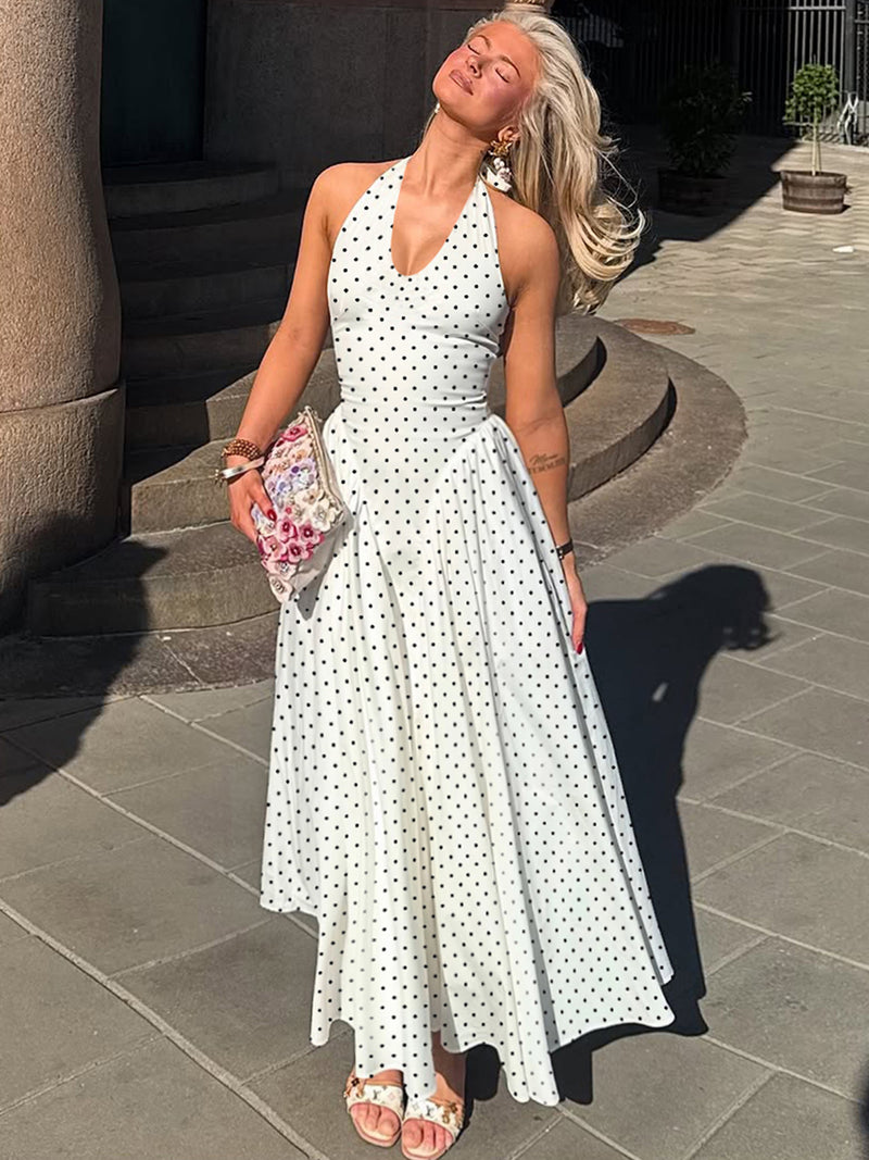 Women's High-Waist Polka Dot Halter Neck Maxi Dress in White, front view