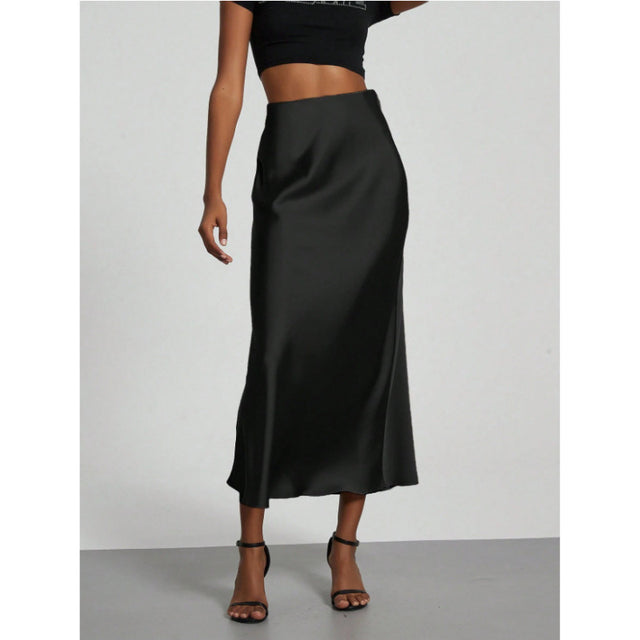 Women's High-Waist Satin-Feel Fishtail Midi Skirt in Black, front view