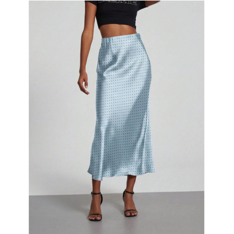 Women's High-Waist Satin-Feel Fishtail Midi Skirt in Blue Polka Dot, front view